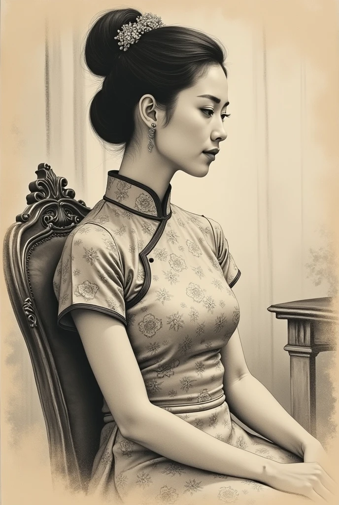 Thick charcoal sketch on old paper, A Republican Woman from the Chinese Republican Era, giving off a dignified and elegant temperament, She is wearing a traditional cheongsam dress. She is depicted sitting gracefully on an antique chair placed in a well-lit room.. The artwork is done in black and white tones, highlighting the realistic style of painting. The details of the woman&#39;s face are highly detailed, with beautiful defined eyes, Lips, and a serene expression. The cheongsam dress is also meticulously depicted., Showing off its intricate patterns and flowing fabric. The overall composition exudes a sense of balance and grace., Capturing the essence of the Chinese Republican era. The lighting in the room is soft and diffuse., casting subtle shadows and adding depth to the scene. The artwork is of the highest quality., with ultra-detailed and sharp focus elements. The monochromatic color palette enhances the timeless and sophisticated aesthetic of the painting., evoking a sense of nostalgia. linear style::Sketch Note Style
