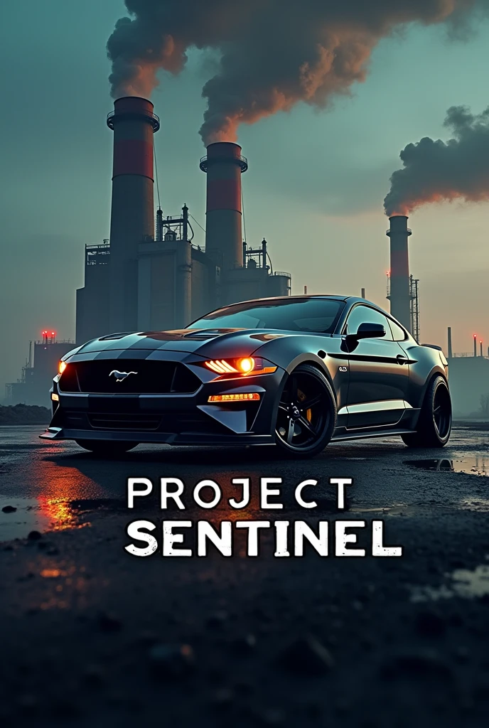 Create a logo with the letters "Project Sentinel" a ford mustang style chemical waste plant