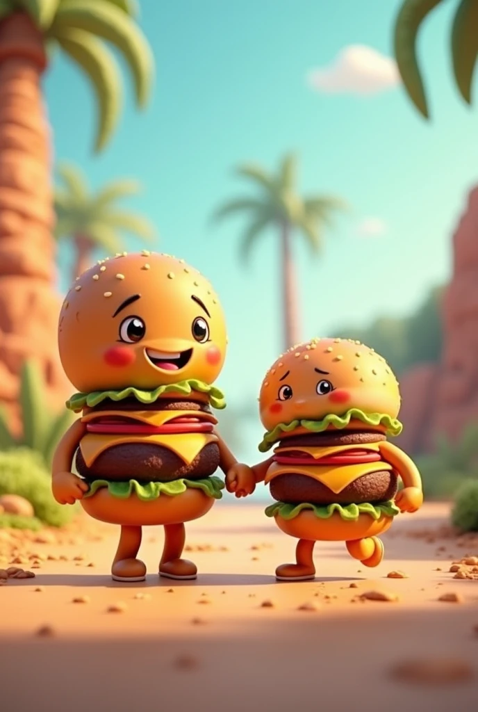 Create an image of an animated burger walking hand in hand with a smaller burger
