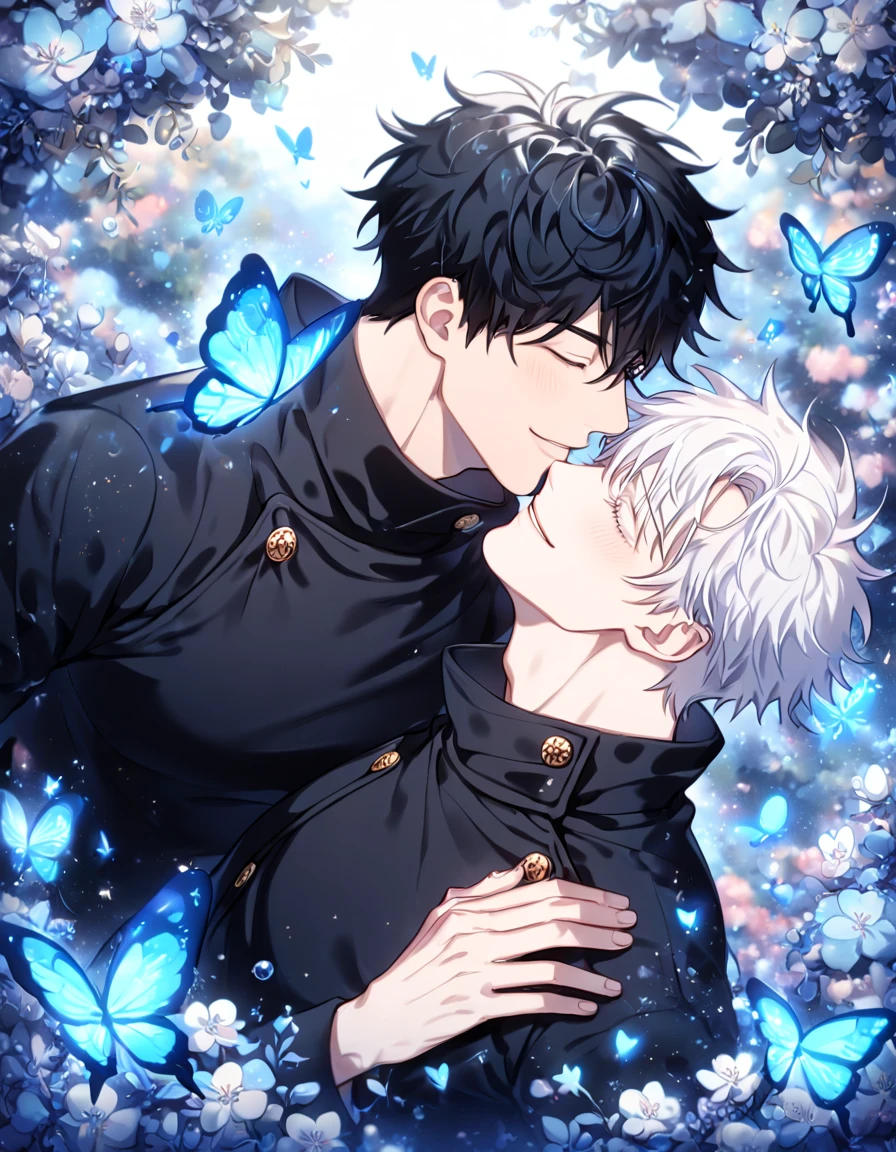 absurdres, highres, ultra detailed, HDR) master piece, best quality, extremely detailed, detailed eyes, detailed face, delicated features, Kang Woojin, black hair, messy hair, closed eyes, Love Jinx, Gojou Satoru, white hair, closed eyes, white eyelashes, two sexy men kissing, yaoi, gay couple, in love, handsome, smile, manly man, adult face, mature man, jujutsu Kaisen uniform, black uniform, high collar, fantasy, magical, glittering, water, blue flames, blue moon, blue flowers, blue butterflies, garden, Jujutsu Kaisen