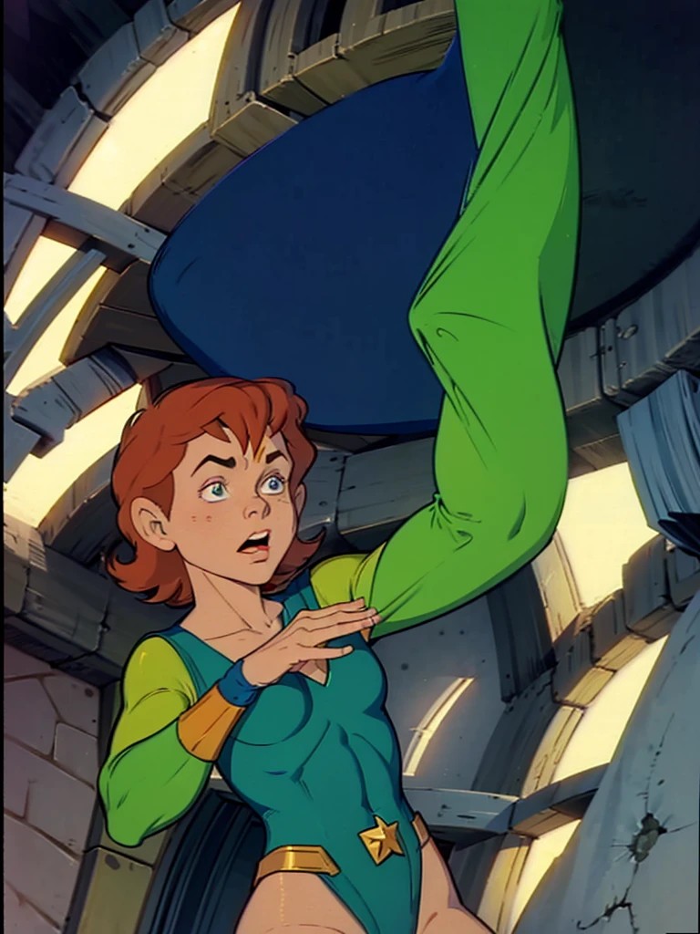 a redhead cartoon character, wonder woman outfit, green leotard, very muscular,  male wizard, 1980s cartoon, animated episode still, Presto (((mad))), ((Wears a wizard hat))