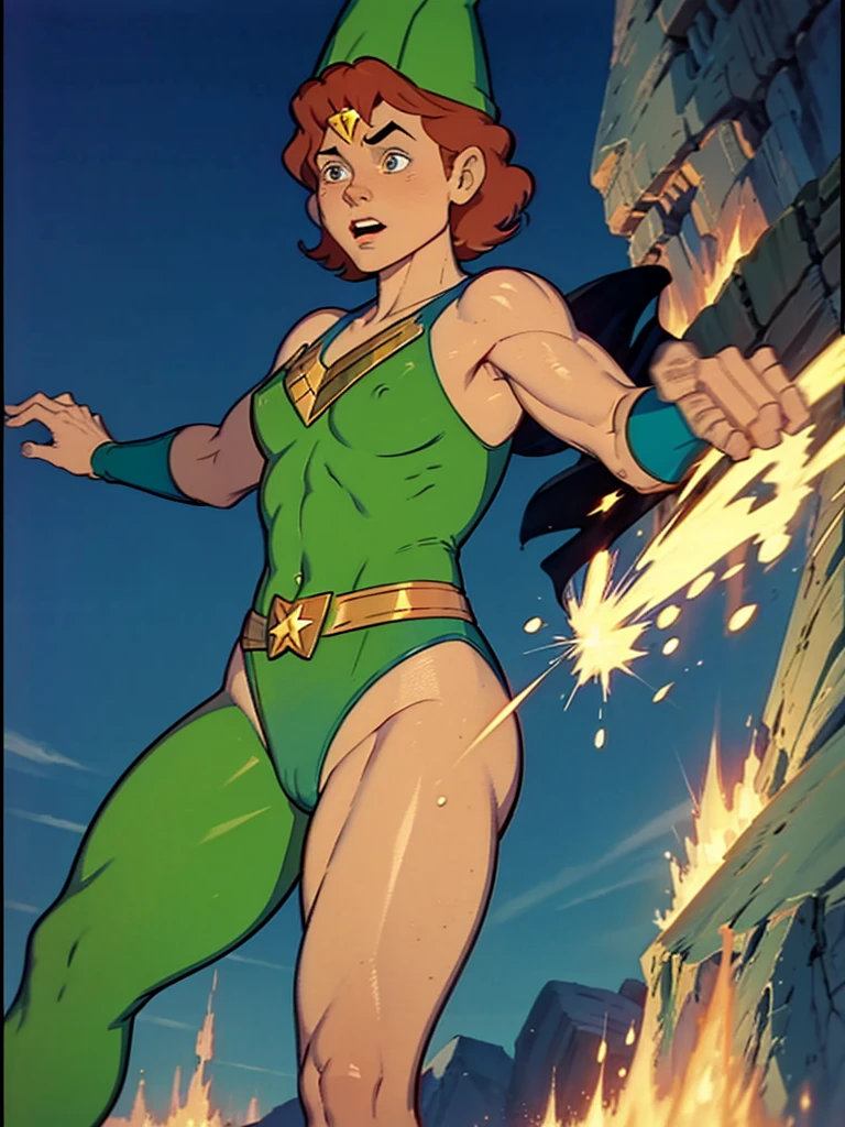 a redhead cartoon character, wonder woman outfit, green leotard, very muscular, male wizard, 1980s cartoon, animated episode still, Presto (((mad))), ((Wears a wizard hat))