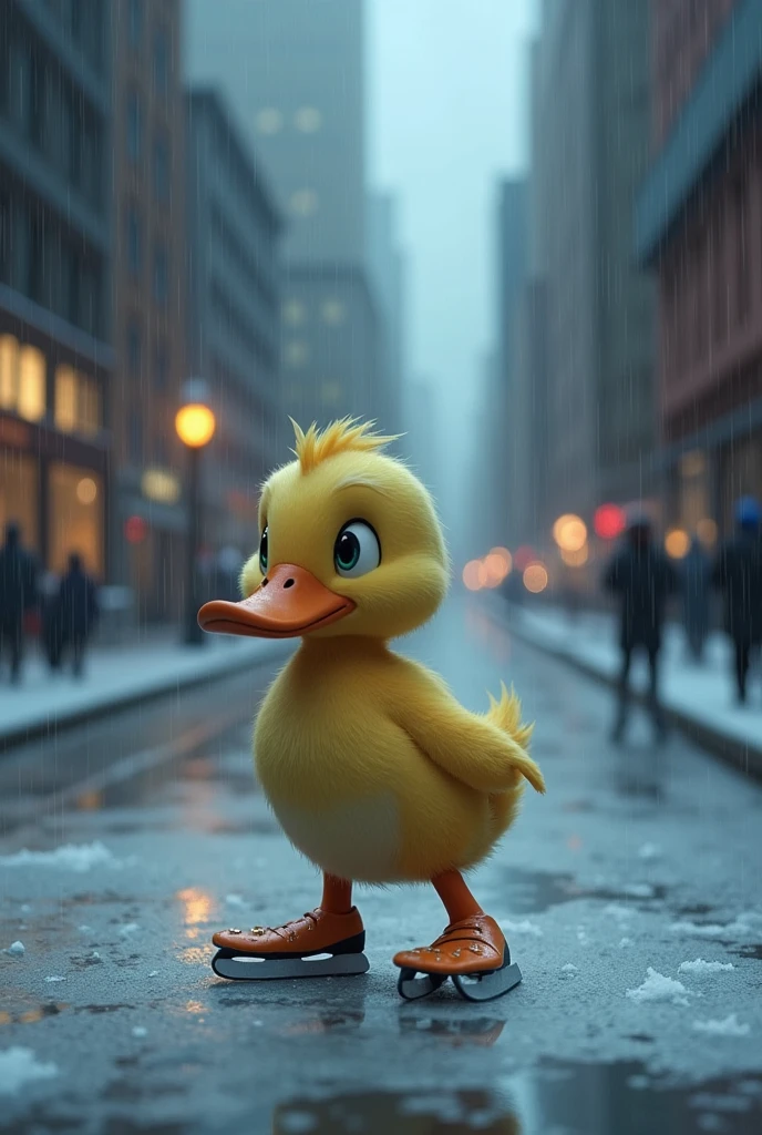 Episode 2：Lonely street scene： The rain stopped，A duck walks alone on an empty street，Turn a corner，Found an ice skating rink。
plot：The duck decided to enter the skating rink，In the picture, he is wearing skates，Trying to cheer myself up，Show your &quot;proud duck&quot; side。However，His movements seemed 。