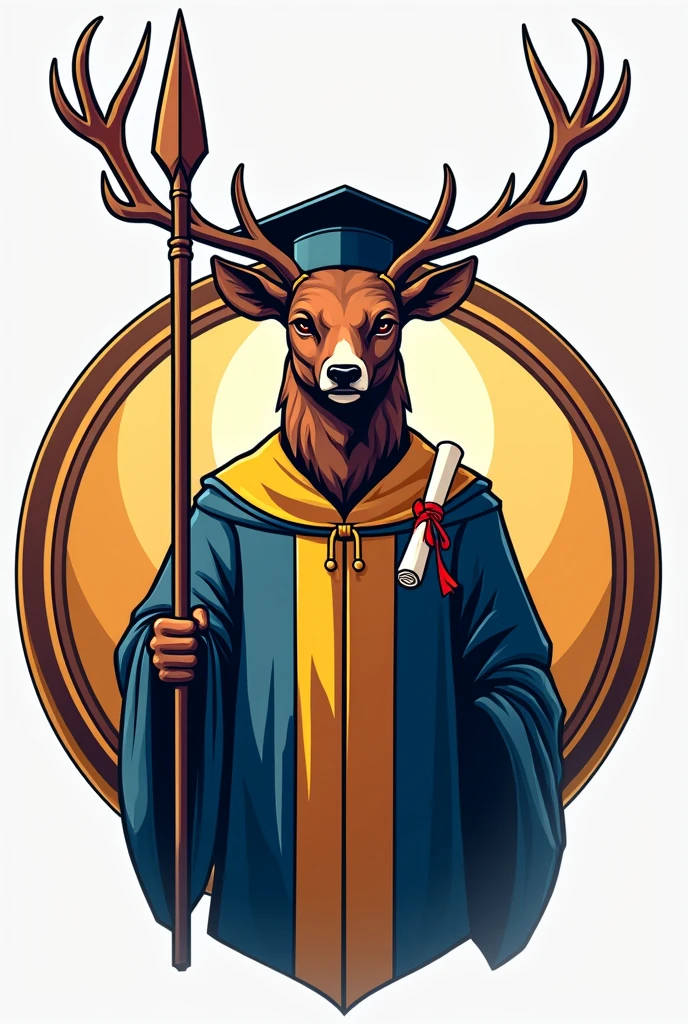 Make a logo that has , A school , a human with a deer head holding a spear , a graduation hat and a diploma , that the logo is circular and eye-catching