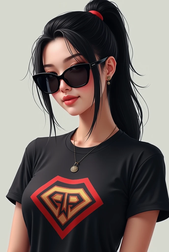 Could you give me a profile picture for Whatsapp theme: a girl with black hair high ponytail and black sunglasses, with the shirt of (Youtuber e streamer auron play) Make it look realistic 