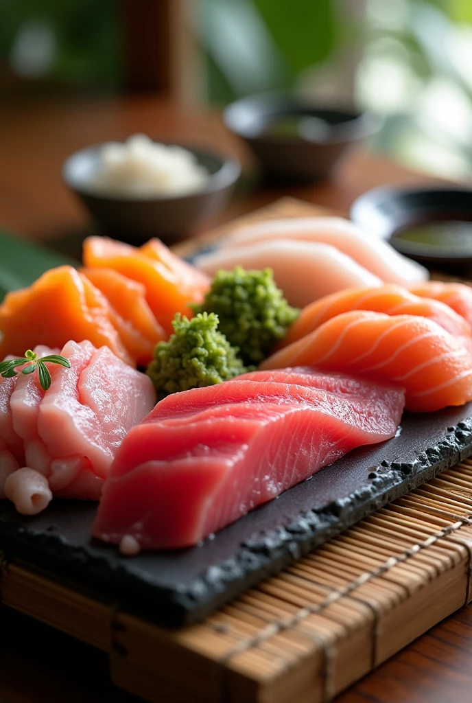 sashimi, detailed japanese cuisine, exquisite seafood platter, fresh raw fish, sliced tuna, salmon, yellowtail, wasabi, soy sauce, ginger, chopsticks, bamboo mat, minimalist wooden table, natural lighting, hyper realistic, 8k, photorealistic, masterpiece, highly detailed