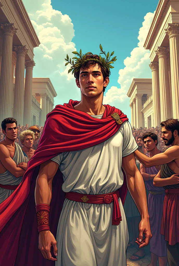 Roman Julius Caesar, in ancient Rome, aged 21, with crown of branches, returning to Rome, and being applauded as a hero by the ancient Roman people, image in comic book drawing 