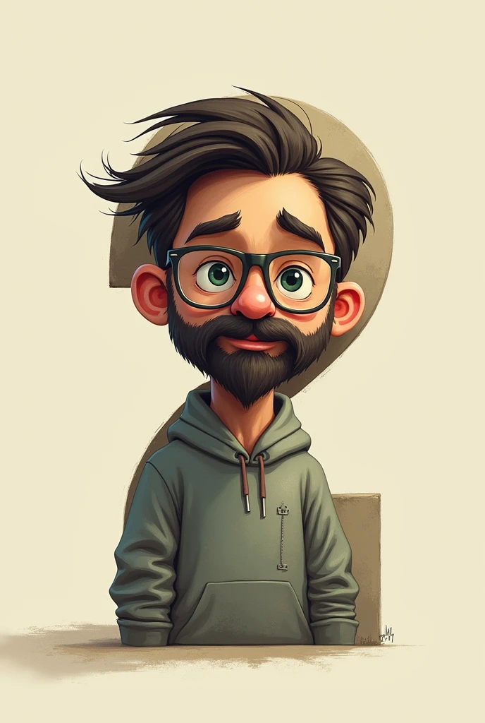 Creating a 2 with a slightly patchy beard at the corner of his mouth, dark brown hair, dark green eyes, and eyeglasses