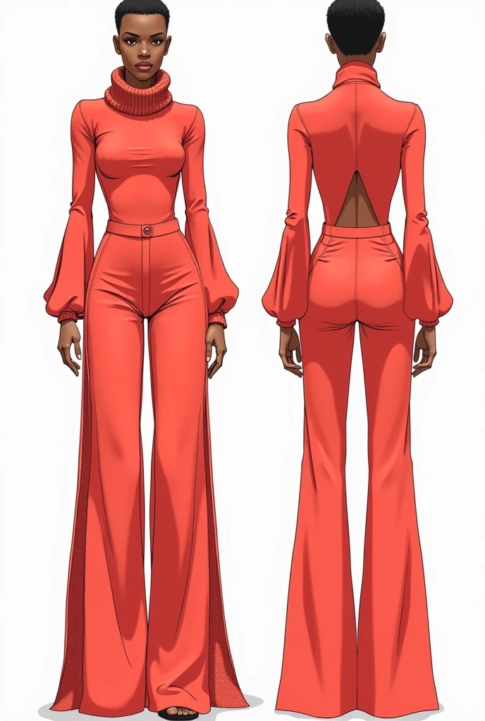 Make a sketch (from the front and back view) Mandatory showing the two fashionable views of an outfit with the following characteristics on the front and back of the outfit: Body: Design a fitted bodysuit with the following features:
Long bishop sleeves that adjust at the cuffs. with covered shoulders Chunky cowl neck Knitted fabric in vibrant coral tone: Make sure the color is bright and eye-catching.
Pants: Design a wide leg pant with:
High crossed waistband: The waistband should be high and crossed in the front to give it a distinctive style..
Stretchy barbie screen: The material should be flexible and fit the body without being too tight..
Details of backstrap loom: Add handcrafted details to the sides of the pants, using weaving techniques to highlight the connection with the traditional.
Combination: Make sure that the bodysuit and coral pants complement each other and that the loom details blend harmoniously with the rest of the design.. A drawing of the front and another of the back.