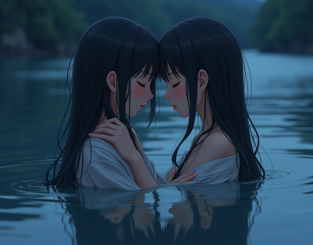 Identical twin sisters hugging each other、Japanese、Japanese、Beautiful woman,Highest quality,masterpiece,detailed,night,Beautiful girl,Shadows reflected on the water,The sound of waves,In a place where time is forgotten,Quietly close your eyes,Face close-up,Look forward