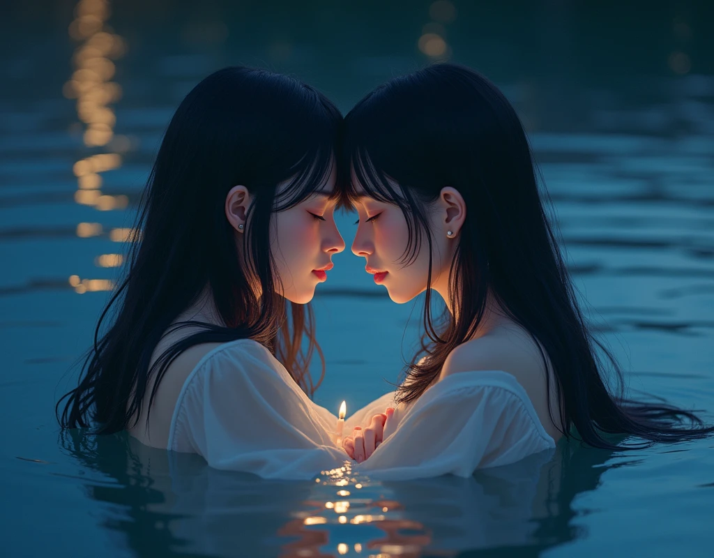 Identical twin sisters hugging each other、Japanese、Japanese、Beautiful woman,Highest quality,masterpiece,detailed,night,Beautiful girl,Shadows reflected on the water,The sound of waves,In a place where time is forgotten,Quietly close your eyes,Face close-up,Look forward