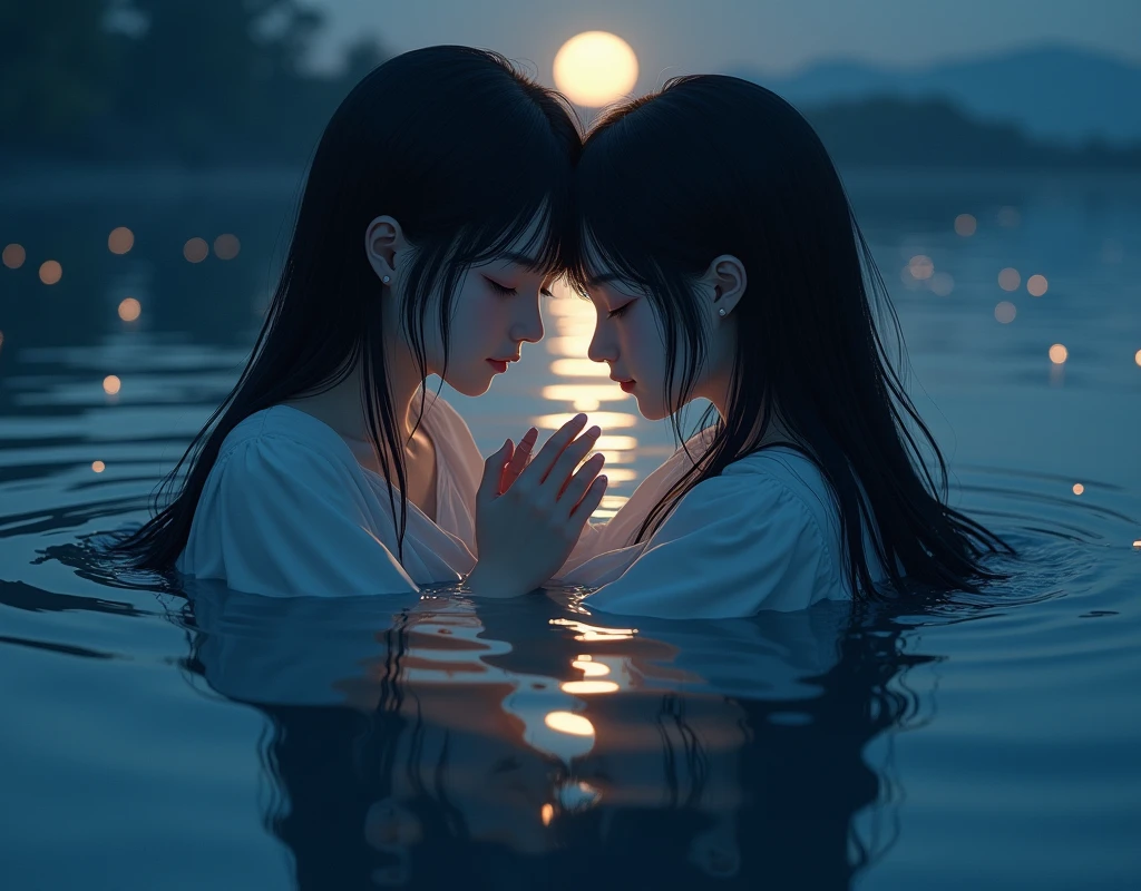 Identical twin sisters hugging each other、Japanese、Japanese、Beautiful woman,Highest quality,masterpiece,detailed,night,Beautiful girl,Shadows reflected on the water,The sound of waves,In a place where time is forgotten,Quietly close your eyes,Face close-up,Look forward