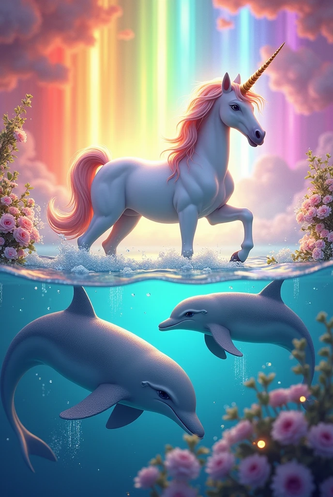 Unicorn and dolphins with rainbow background