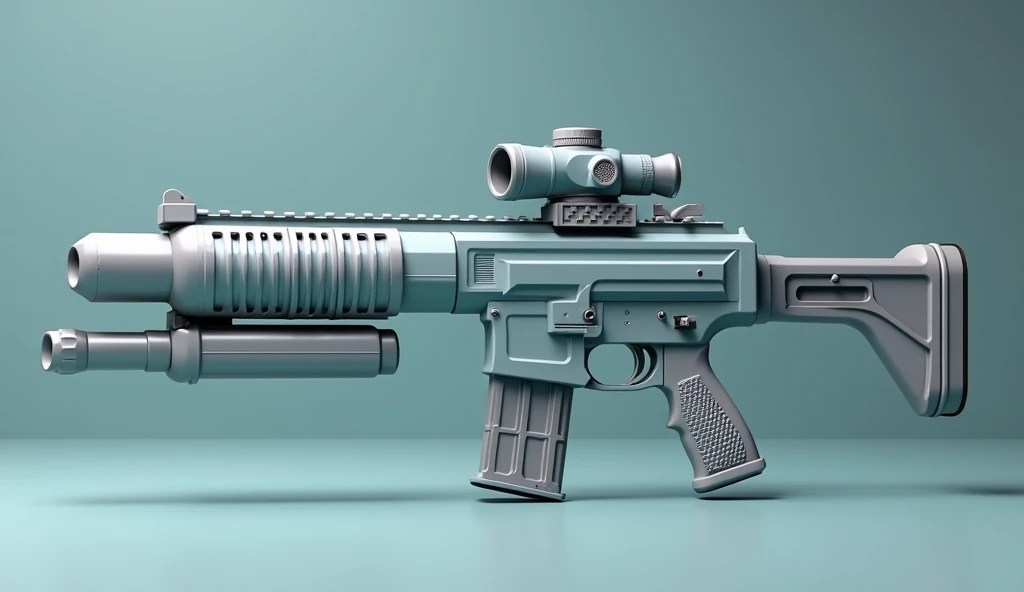 Mini double water gun toy,Integrated rifle mount,Simple surface pattern,Transparent magazine and scope recessed,(Similar structure to M416),(Double muzzle:1.3),Smooth lines,Plastic material,Three-color Morandi color matching,high quality,Professional Product Photography,Table background,3d, OC Rendering,8K,
