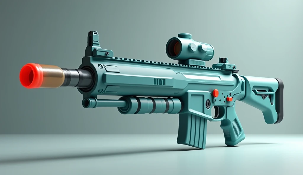 Mini double water gun toy,Integrated rifle mount,Simple surface pattern,Transparent magazine and scope recessed,(Similar structure to M416),(Double muzzle:1.3),Smooth lines,Plastic material,Three-color Morandi color matching,high quality,Professional Product Photography,Table background,3d, OC Rendering,8K,