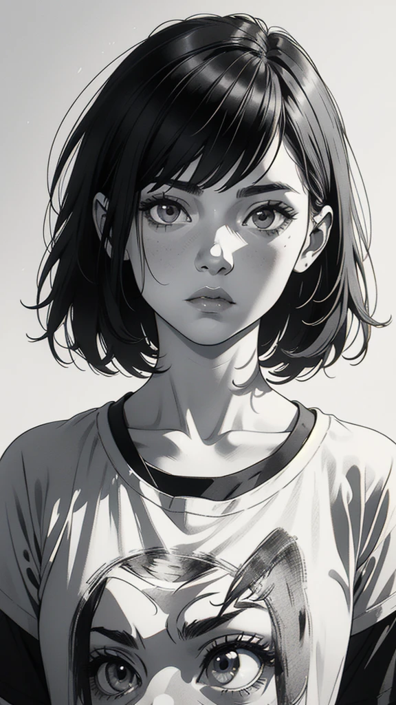 1 boyish girl, solo, sharp eyes, expressionless, monochrome, greyscale, short black hair, portrait, white T-shirt, closed mouth, looking at viewer, graphite \(medium\), detailed lips, hatching \(texture\), without makeup, bangs, upper body, (best illustration), (best quality), (very detailed), (masterpiece), expressionless,