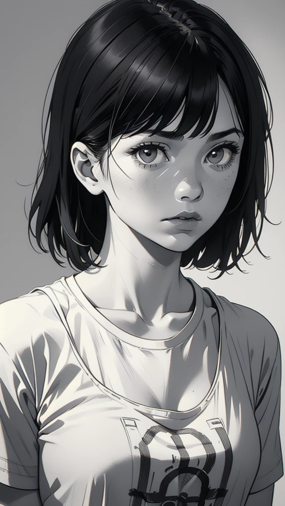 1 boyish girl, solo, sharp eyes, expressionless, monochrome, greyscale, short black hair, portrait, white T-shirt, closed mouth, looking at viewer, graphite \(medium\), detailed lips, hatching \(texture\), without makeup, bangs, upper body, (best illustration), (best quality), (very detailed), (masterpiece), expressionless,