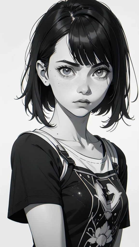 1 boyish girl, solo, sharp eyes, expressionless, monochrome, greyscale, short black hair, portrait, white T-shirt, closed mouth, looking at viewer, graphite \(medium\), detailed lips, hatching \(texture\), without makeup, bangs, upper body, (best illustration), (best quality), (very detailed), (masterpiece), expressionless,