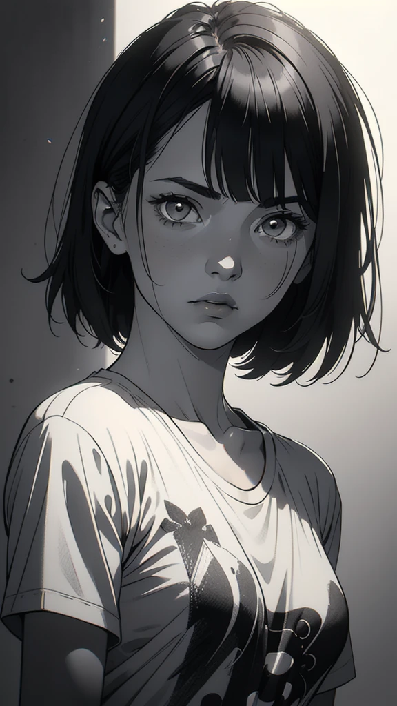 1 boyish girl, solo, sharp eyes, expressionless, monochrome, greyscale, short black hair, portrait, white T-shirt, closed mouth, looking at viewer, graphite \(medium\), detailed lips, hatching \(texture\), without makeup, bangs, upper body, (best illustration), (best quality), (very detailed), (masterpiece), expressionless,