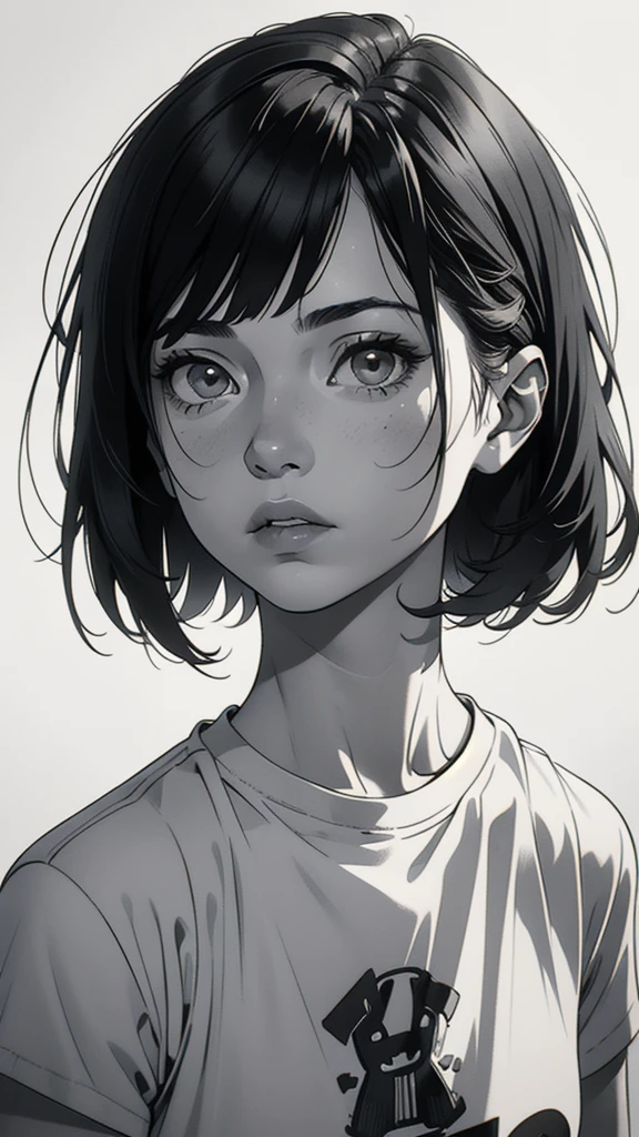 1 boyish girl, solo, sharp eyes, expressionless, monochrome, greyscale, short black hair, portrait, white T-shirt, closed mouth, looking at viewer, graphite \(medium\), detailed lips, hatching \(texture\), without makeup, bangs, upper body, (best illustration), (best quality), (very detailed), (masterpiece), expressionless,