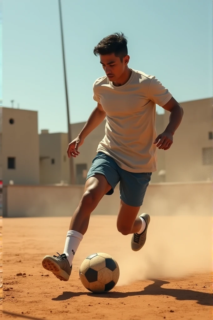Image of a young Latino man training alone on a dirt soccer field with a soccer ball
