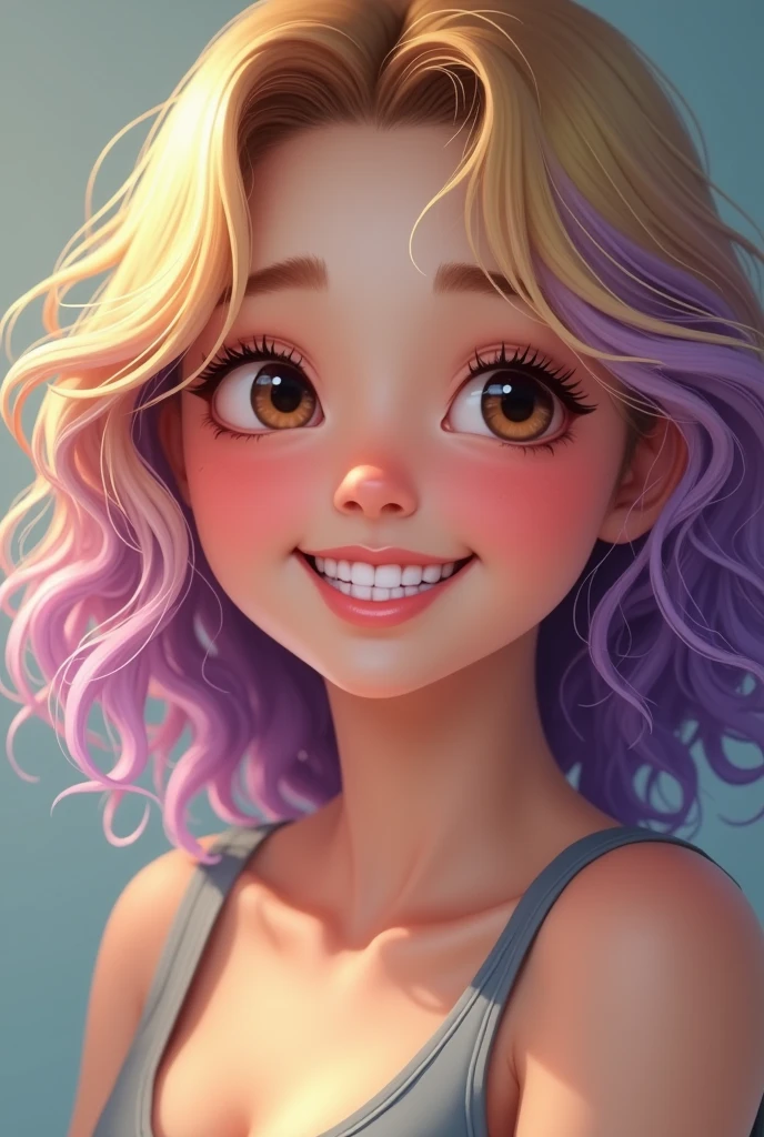 Young woman, blonde curly hair with violet highlights, skin fair, pink lips, eyes browns, smile with dimples. His expression is cheerful.
