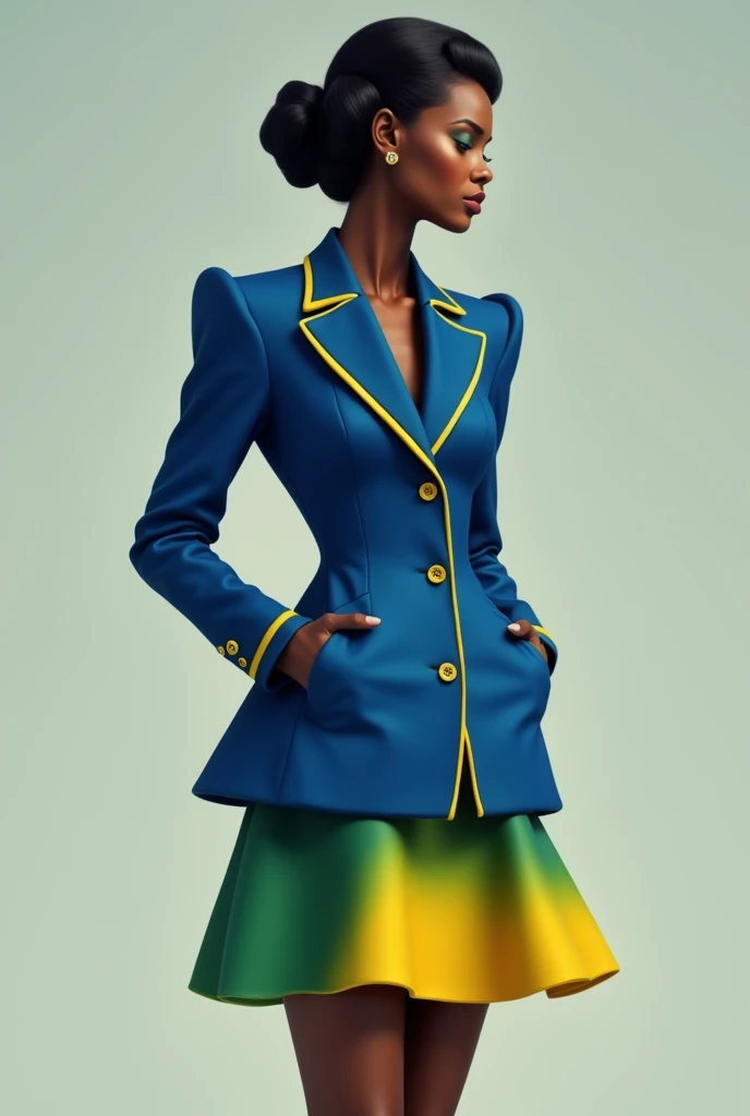 Female body and black skin. Blue blazer with yellow details on the collar and pockets. Short, flared skirt with green and yellow gradient. elegant set