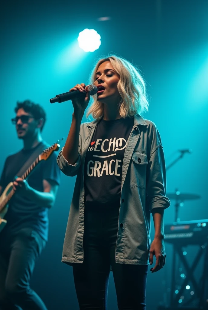 (good quality, : 1.3), brown singer singing techno rock: 1, lights: 1.5, hair stuck, hair blonde: 1.3, (holding microphone: 1.2), Shirt with Echo Grace written on it, comely, cerulean, Face ultra detailed, band playing keyboard and drums in the back detailed, praising God, feeling the presence of God.