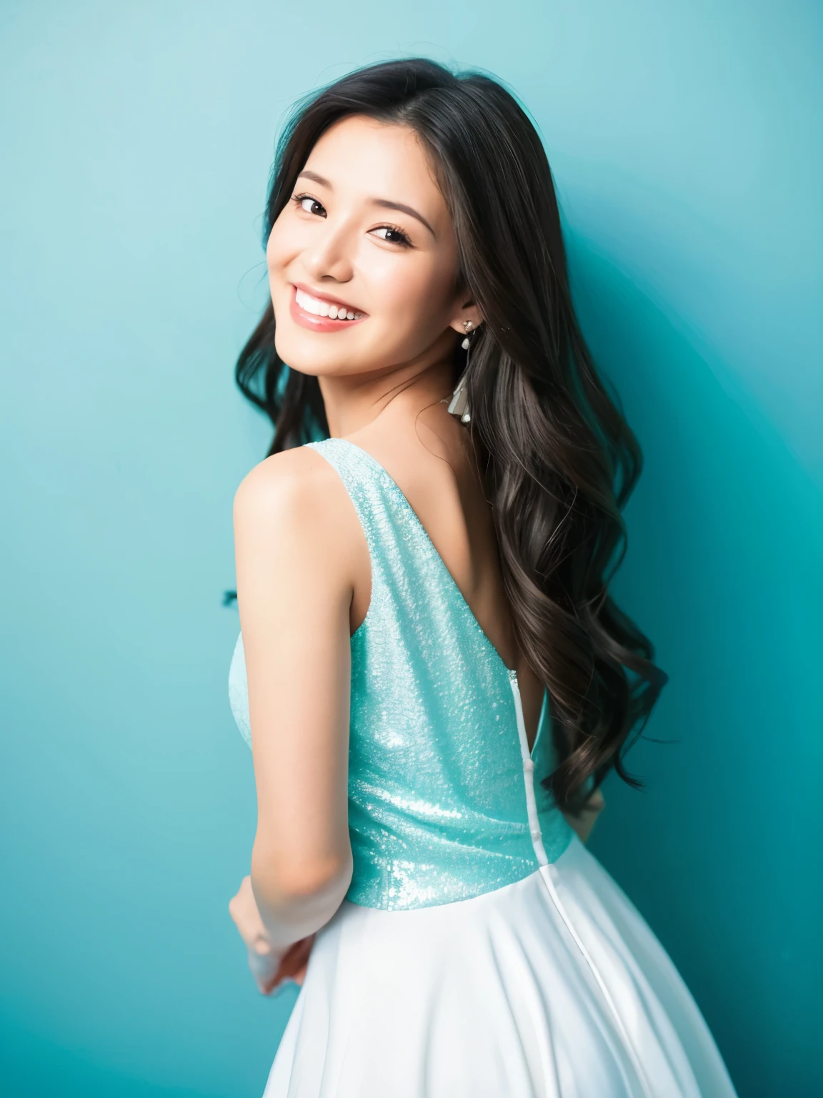 arafed woman leaning against a wall with a smile on her face, in front of white back drop, photoshoot portrait, portrait photo of a backdrop, light blue dress portrait, mid shot portrait, pokimane, taken with canon eos 5 d mark iv, a young asian woman, head and shoulders photography, photoshoot, cindy avelino, 60mm portrait, Random body orientation,