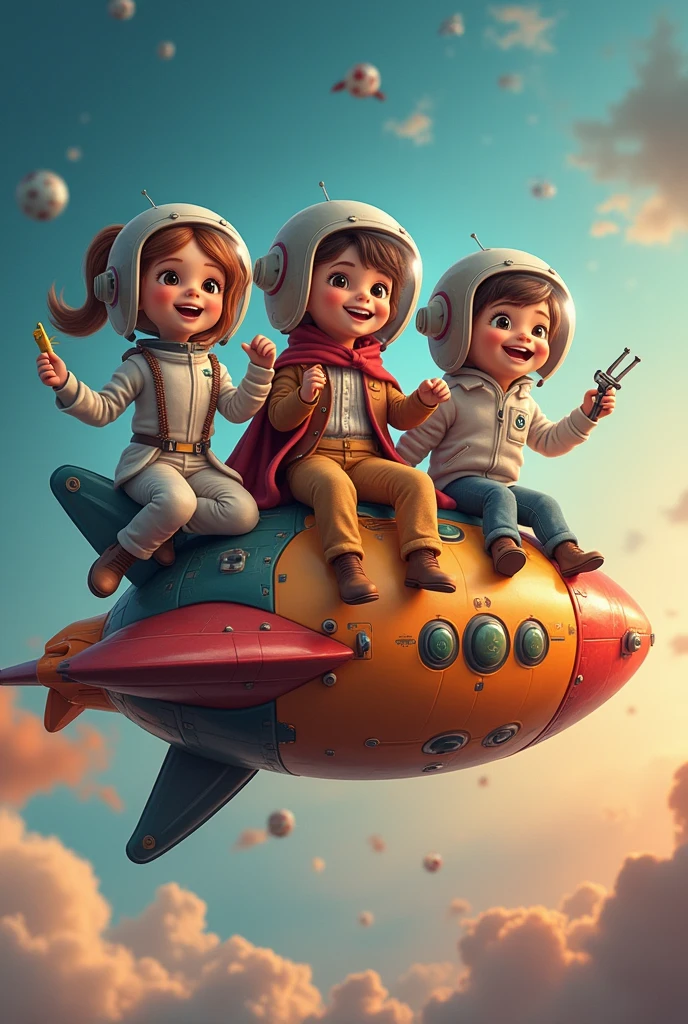wearing astronaut, teacher and doctor outfits are riding on a rocket.