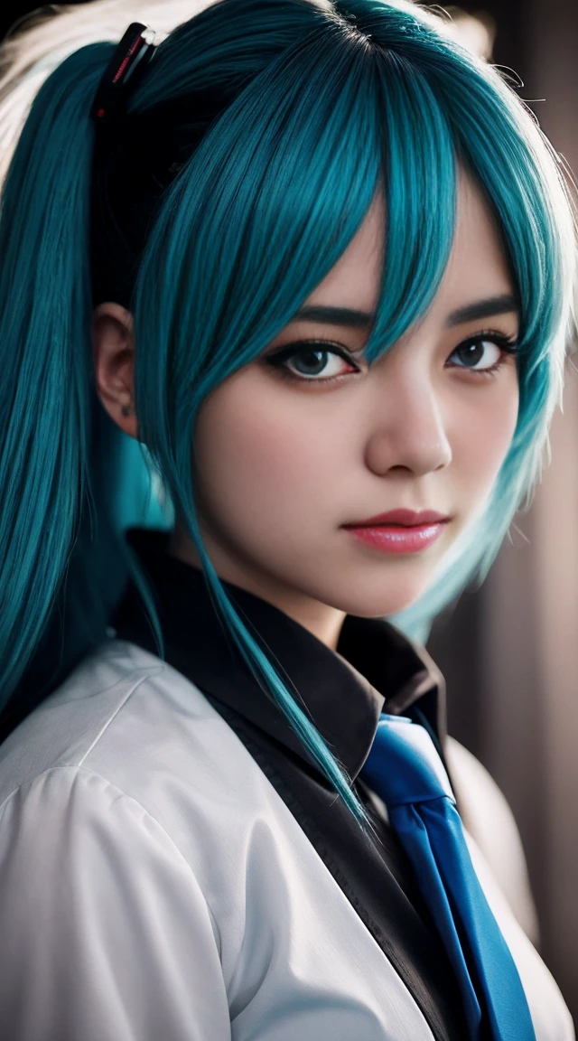 Genius cosplayer girl of Hatsune Miku, intricate detail Highly Detailed Eyes, Faded, Japanese high school white sailor suit, blue tie, black arm cover, 16K resolution, RAW, Nikon Z9, Creative, Masterpiece, Fantasy, High Definition, High Quality, 8k, Realistic, Dramatic Lighting, Soft Focus, Digital Illustration, Intricate Mechanics, Advanced Techniques, Dark Background Cinematic, High Contrast, High Contrast Atmosphere, (Best Quality, 4k, 8k, High Definition, Masterpiece: 1. 2), Ultra-Detailed, (Realistic, Graphic, Photorealistic: 1. 4) -- No Glass --AR 16:9 --Stylize 1000