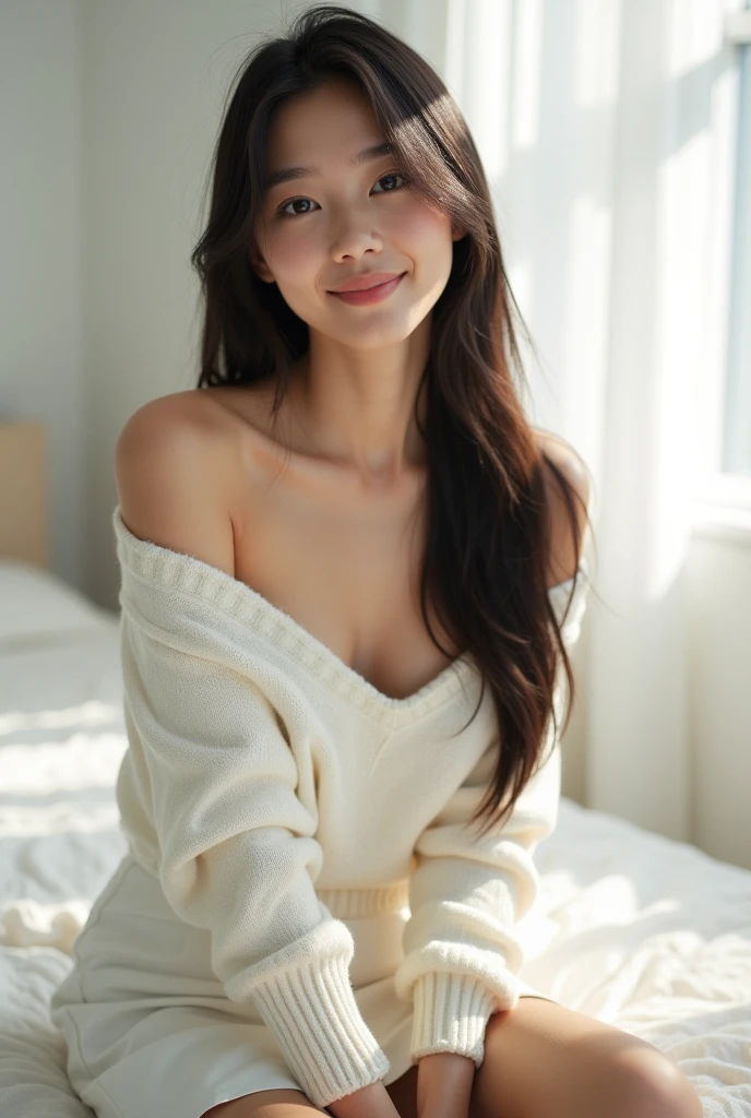candid shot , looking at viewer, Girl , with long dark straight hair, wearing white cleavage off-shoulder sweater, on a bed in a sunlit bedroom , studio light filters , creates a clean, minimalist look, relaxing, happy , sunlight , white skirt,