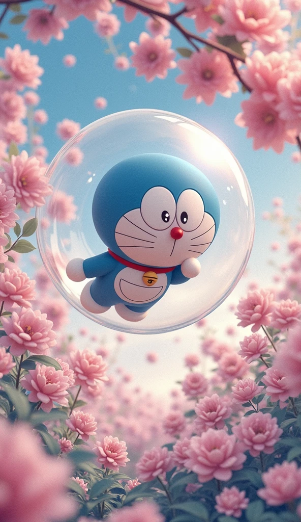 dora dora floating in a bubble surrounded by pink flowers, doraemon, japanese cartoon style, cute detailed digital art, 中 元 节, 🚿🗝📝, anime wallpaper 4k, anime wallpaper 4 k, anime art wallpaper 4k, anime art wallpaper 4 k, cute digital art, trending anime artwork, anime cover