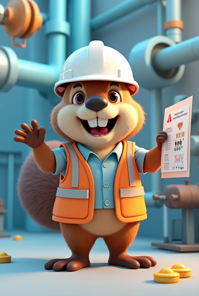 Beaver civil engineer white helmet animated teaching something in 3d for social media mascot of my study group focused on Hydraulic Engineering and accompany it to the publications