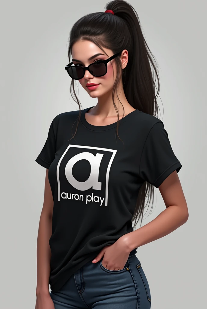 Could you give me a profile picture for Whatsapp theme: a girl with black hair high ponytail and black sunglasses, with the shirt of (Youtuber e streamer auron play) that looks realistic full body in a cool position