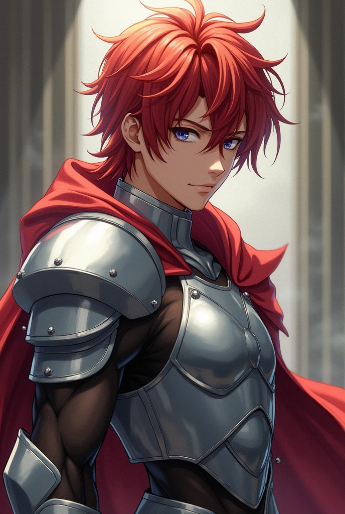 A boy in the style of Knights of the Zodiac (the lost canvas) reddish hair with bangs. attractive, handsome, muscular, with silver armor, Art image from the shoulders up, sexy, sexy fighting pose
