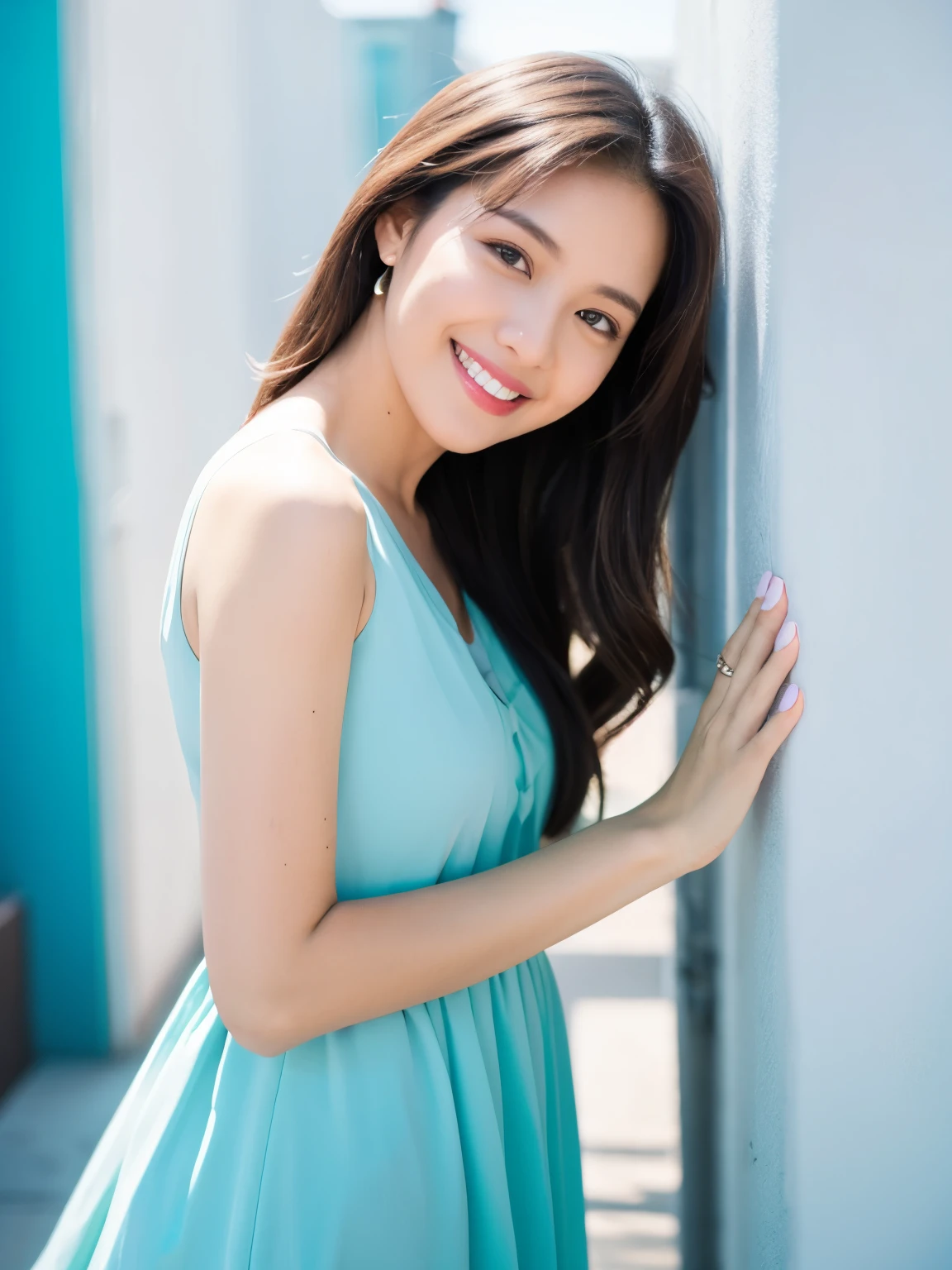 arafed woman leaning against a wall with a smile on her face, in front of white back drop, photoshoot portrait, portrait photo of a backdrop, light blue dress portrait, mid shot portrait, pokimane, taken with canon eos 5 d mark iv, a young asian woman, head and shoulders photography, photoshoot, cindy avelino, 60mm portrait, Random body orientation,