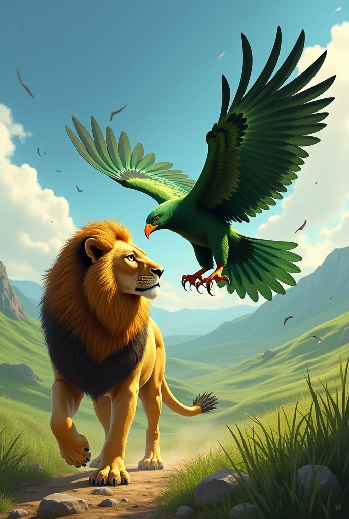 Yellow lion facing a green eagle 