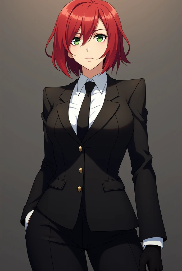 (masterpiece, Best Quality:1.2), Bazett, fgo, 1 woman, 30 years, Alone, short hair, Red hair, hits, green eyes, big breasts, black gloves, Suit, tie, jacket, Looking towards the camera, anime boss
