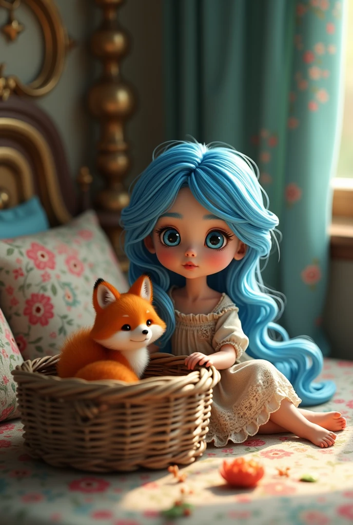 blue haired blue eyed girl
Next to an old basket, there is a beautiful orange fox inside.
in a beautiful bed
style 3D