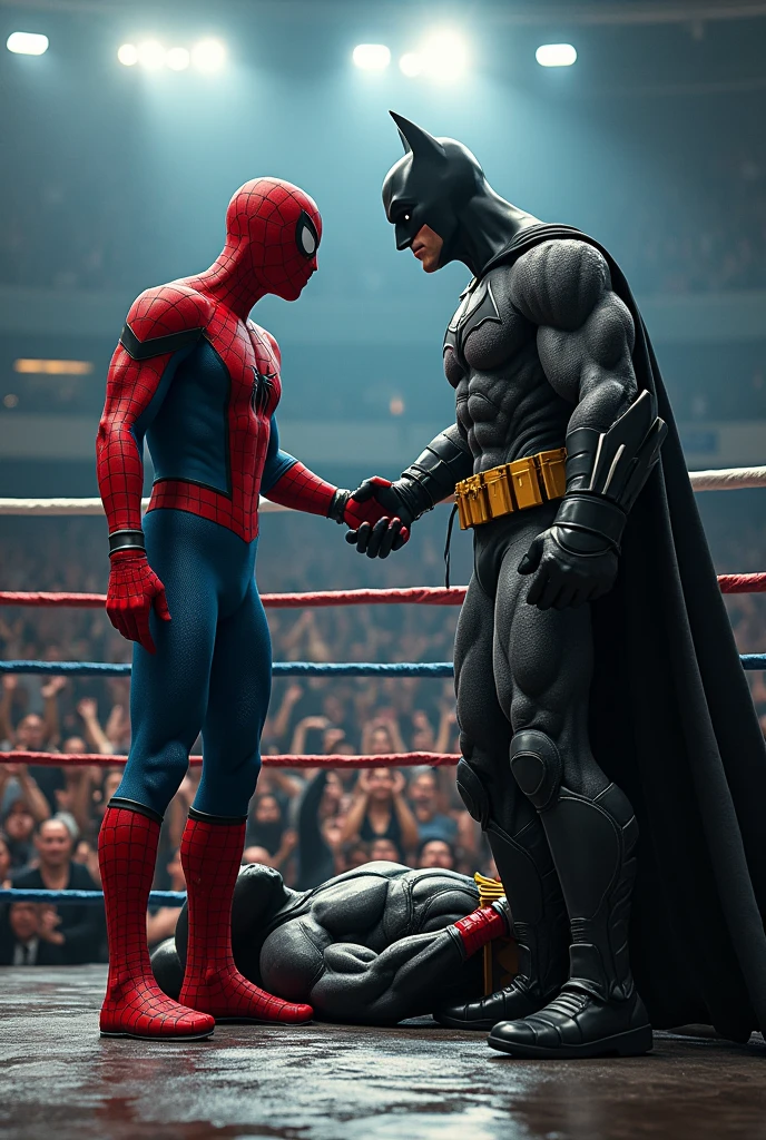 The Victory:
Prompt: "Spider-Man standing victorious in the boxing ring, catching his breath. Batman is on the mat, looking fatigued but acknowledging Spider-Man with a nod. The crowd is cheering wildly in the background. Spider-Man extends a hand to Batman, and the scene captures the mutual respect between the two heroes."