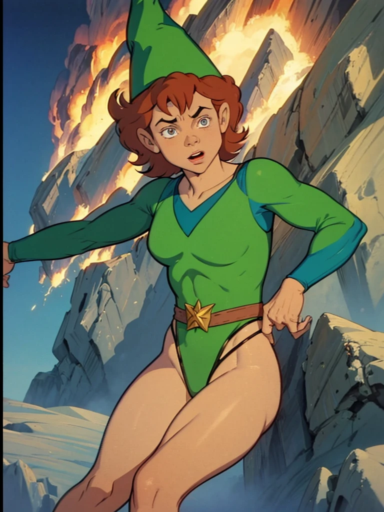 a redhead cartoon character, wonder woman outfit, green leotard, very muscular,  male wizard, 1980s cartoon, animated episode still, Presto (((mad))), ((Wears a wizard hat))