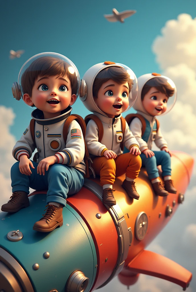 Children wearing astronaut, teacher and doctor outfits are riding on a rocket.
