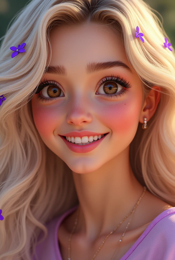 Very realistic young woman, blonde curly hair with violet highlights, skin fair, pink lips, eyes browns, smile with dimples. His expression is cheerful.
