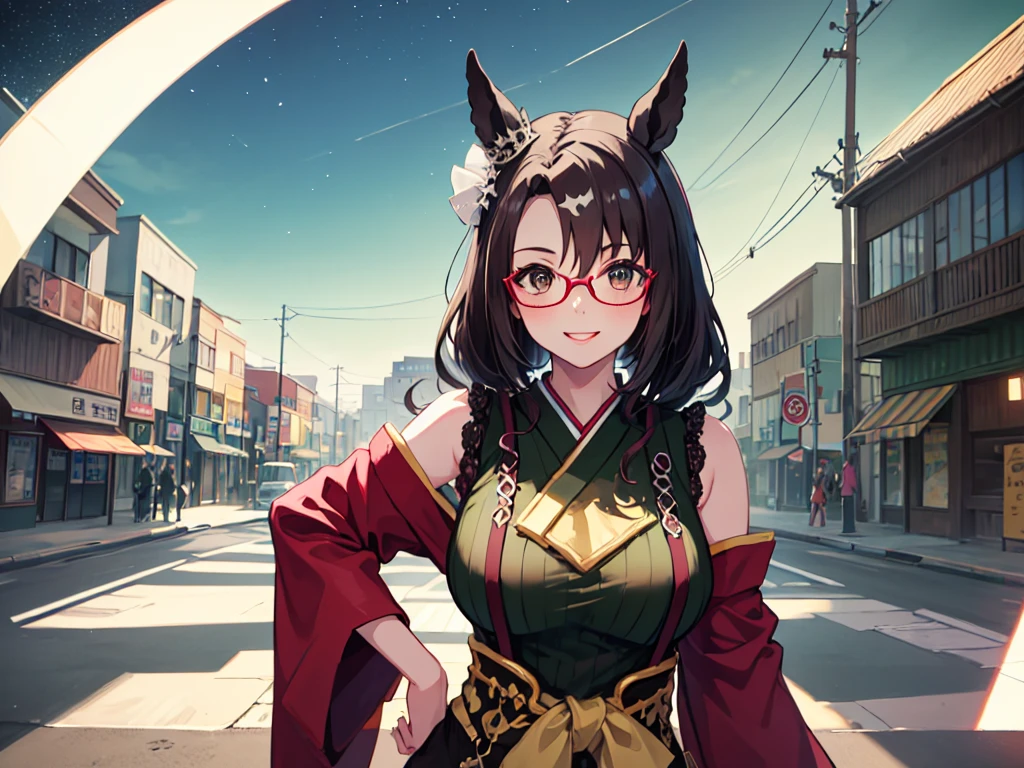 Output anime, upper body shot, masterpiece, uhd, anatomically correct, best quality, highres, 8k。solo、One cool horse-eared beauty、smile、looking at the camera。Brown Eyes、Pink Lipstick、Big Breasts。Red glasses、Shoulder less、Casual Japanese clothing。Hands on hips。Night starry sky。
