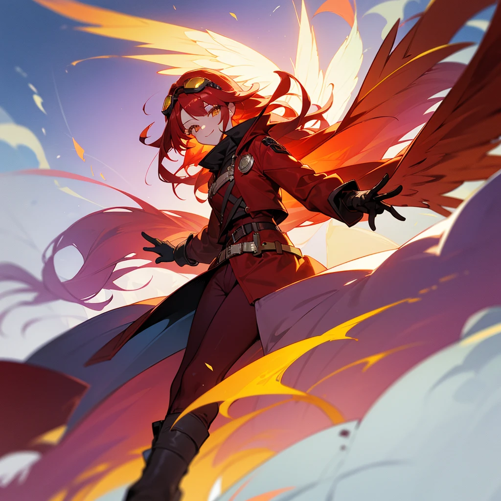 red hair, woman, female, looking at viewer, long hair, center part, golden eyes, gradient eyes, with irises, fair skin, with red angel wings on back, coat, pants, gloves, long boots, belt, Goggles on head, fantasy, smile