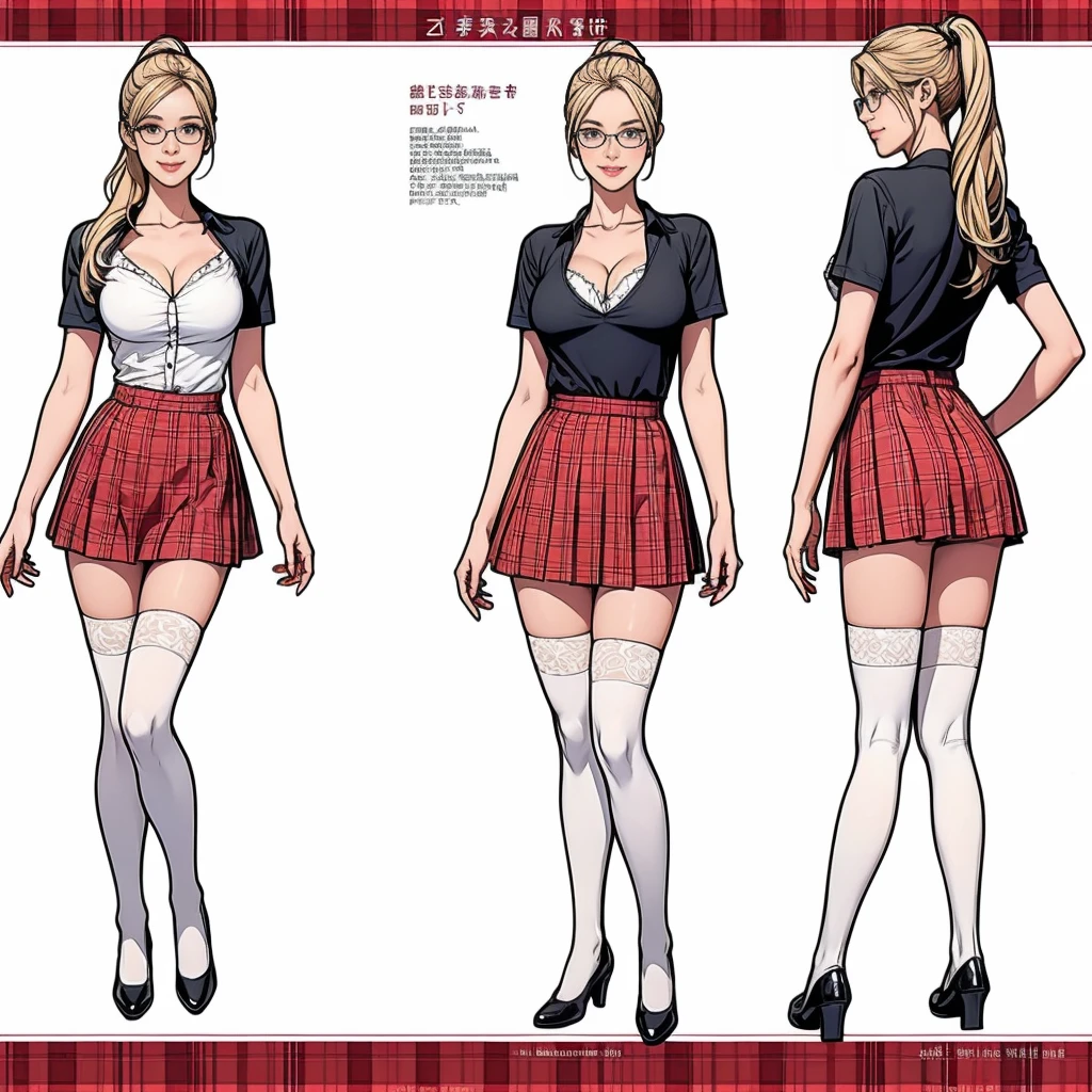 ((masterpiece)), (((Highest quality))), ((Character design sheet)), thin thighs, 1girl in sexy schoolgirl outfit, red plaid miniskirt, white blouse, short sleeve, black Mary Janes, white thigh highs, tight fit:1.5, large breasts, cleavage:2, blonde hair in high ponytail, glasses, smiling, butt exposure:2