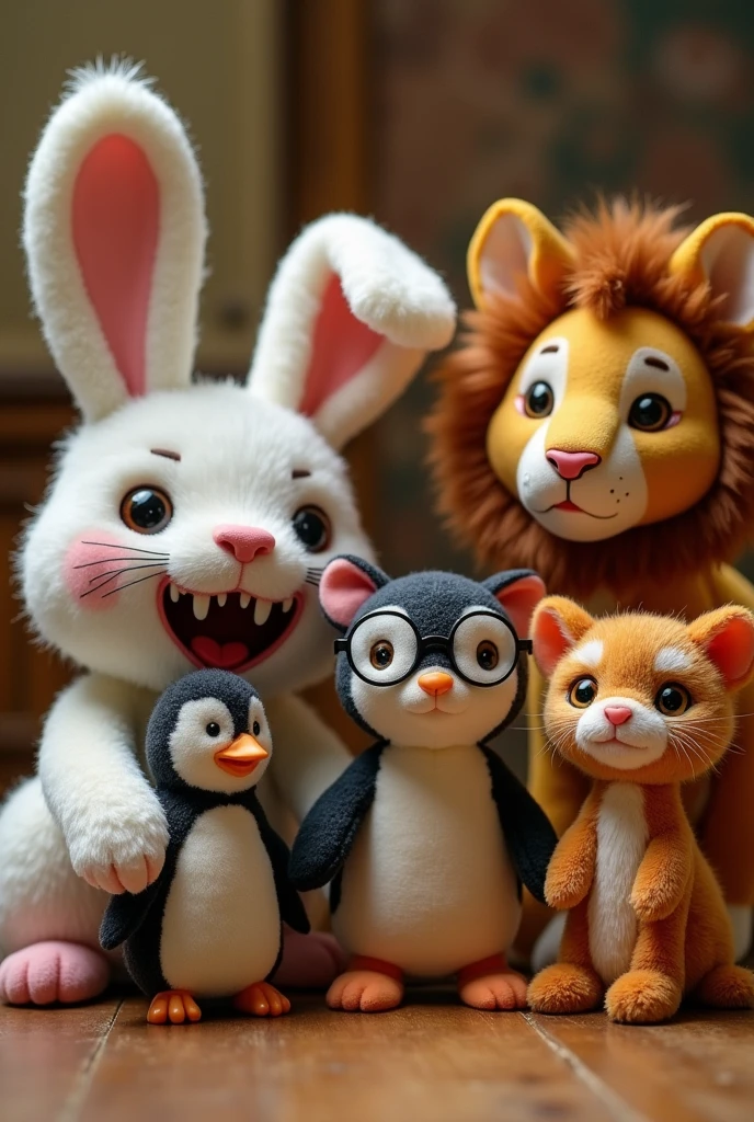 I created some stuffed animals similar to those in bt21 but instead they are a rabbit with teeth, a penguin with glasses and old, a rat like remy, a traumatized but tender cat and a lion with down syndrome
