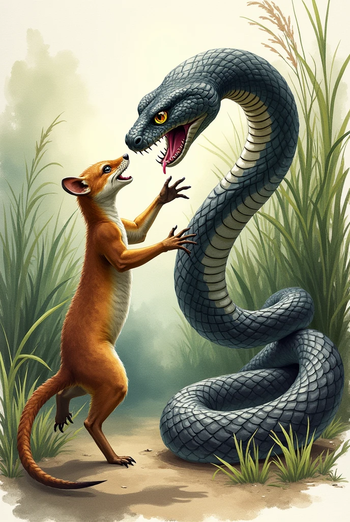 I want a mongoose fighting a snake in a realistic drawing and watercolor style