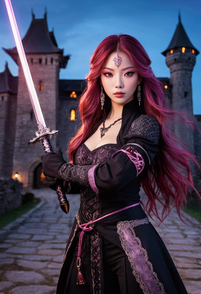 a full-length woman in avatar form with bright honey anime eyes, very voluminous lips and long burgundy hair with red highlights, long black ninja outfit with long sleeves with delicate black lace with lilac and elegant silver details, she holding in his hand an imposing crystal sword in the background, a castle illuminated with gradient tones of rosé color and a surrounding village illuminated
